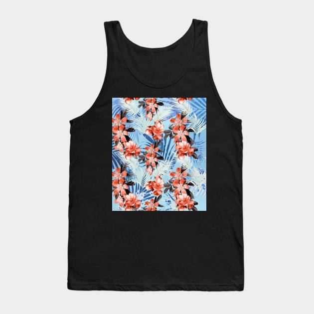 Palm Leaves And Flowers, Red Blue Tank Top by Random Galaxy